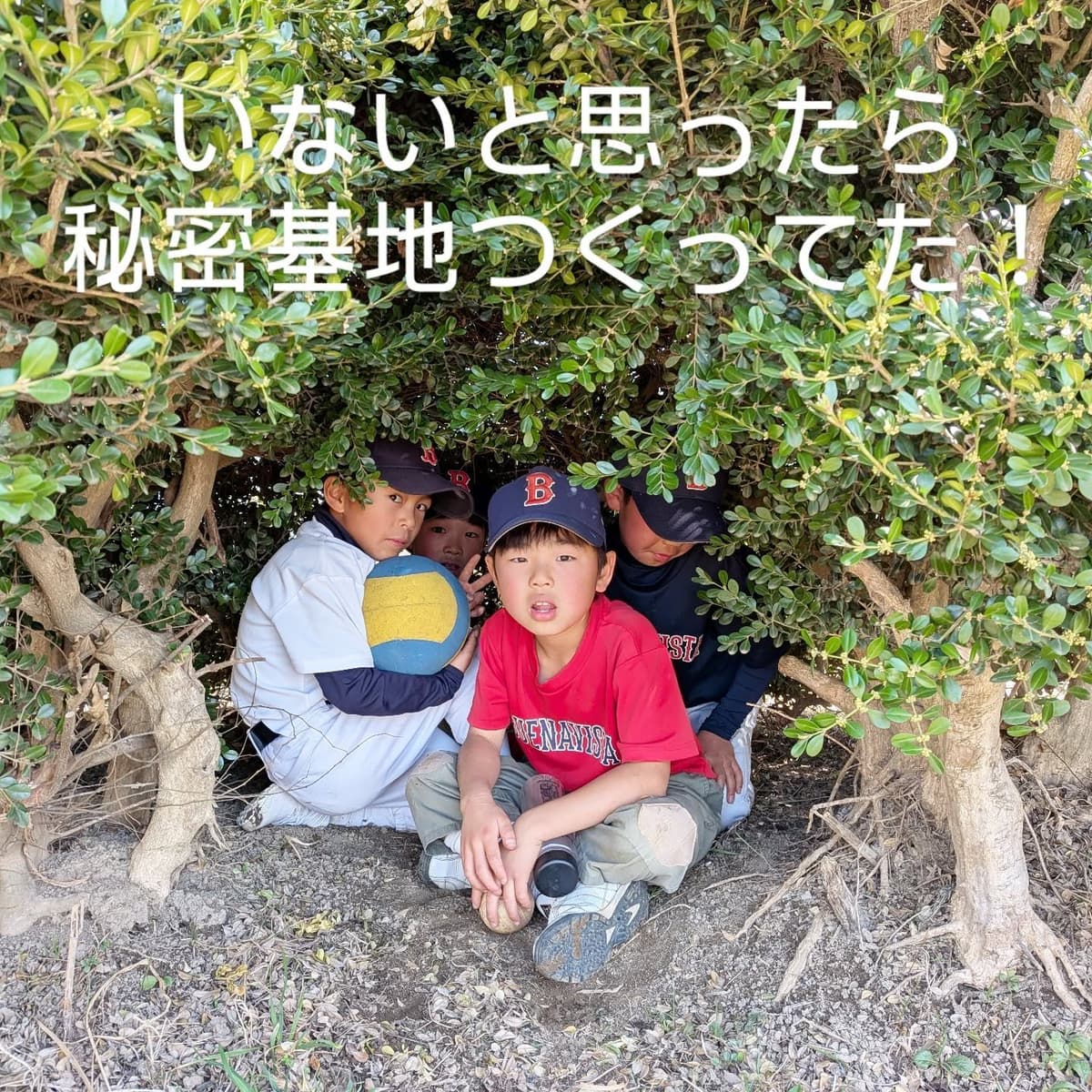ある日のマイナー（低学年）の練習後の様子です。
草のなかで秘密基地作って遊んでいる（笑）
このあとコーチを落とそうと、
本気の落とし穴作っていました(ﾟдﾟ)！

学校がバラバラの野球チームだと、
友